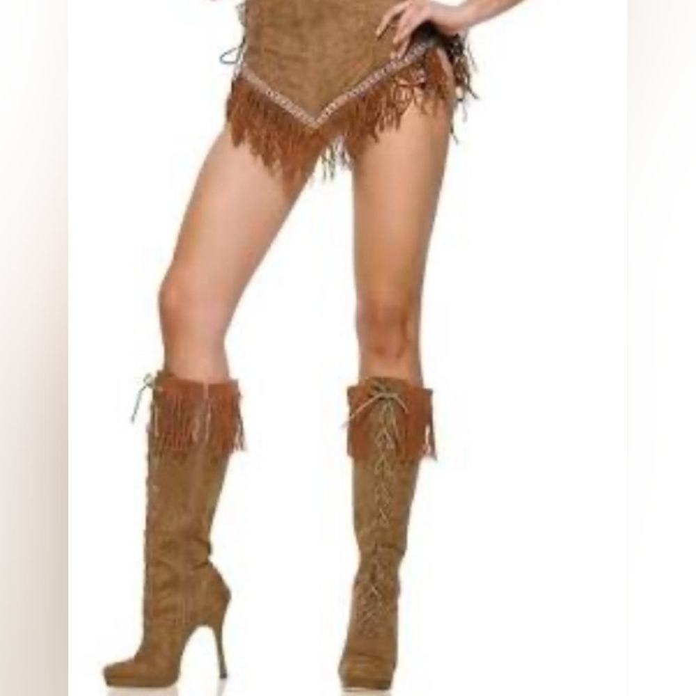 Leg Avenue Ellie Tan Fringe Microfiber Suede Lace Up Heeled Boots 9